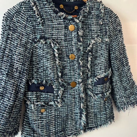 Tory Burch Danielle Tweed Evening Jacket Tweed Blazer Navy and White Size 0 - Picture 3 of 8